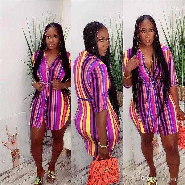 

holidays clothing summer striped print female dress women lapel neck short sleeve fashion designer dresses casual ladies, Black;gray