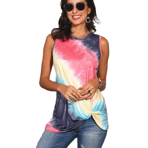 

tie dye sleeveless womens t-shirts summer loose gradient sell designer o-neck casual women t shirts, White