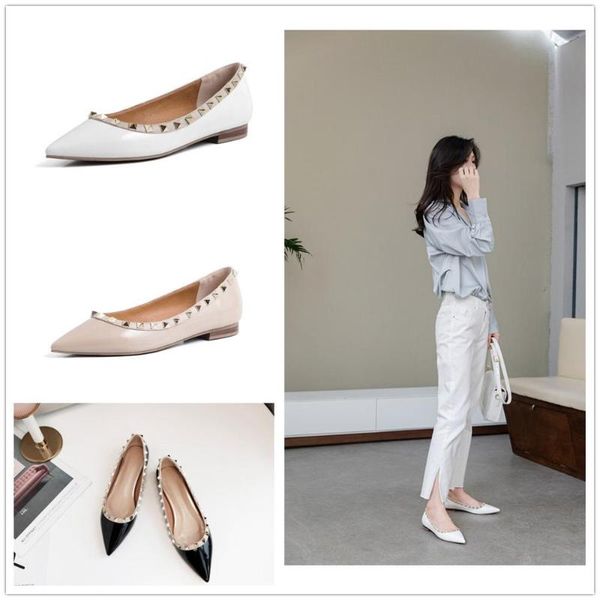 

women flats 2020 spring autumn genuine leather rivets pointed toe casual ladies single shoes zapatos mujer, Black