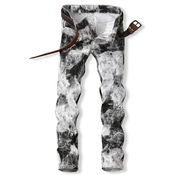 

men's jeans fashion white printed pattern youth slim nightclub denim pants straight stretch striped wash ink painted, Blue