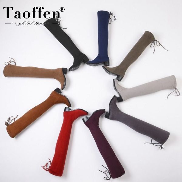

taoffen 9 colors stretch boots warm winter slip on shoes women casual flat over the knee botas footwear size 34-43, Black