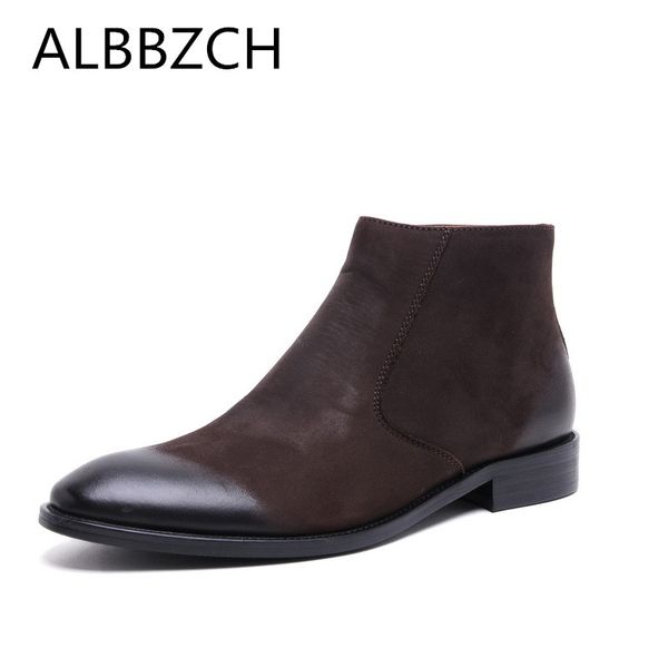 

boots autumn winter nubuck leather men shoes pointed toe zip inside plush cow men's work daily leisure ankle, Black