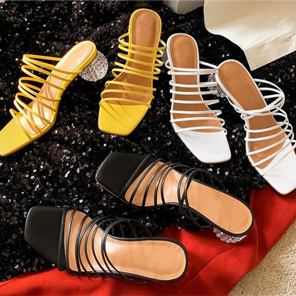 

fashion square toe ladies high-heeled shoes black and white yellow strap combination ball high heel summer ladies slippers