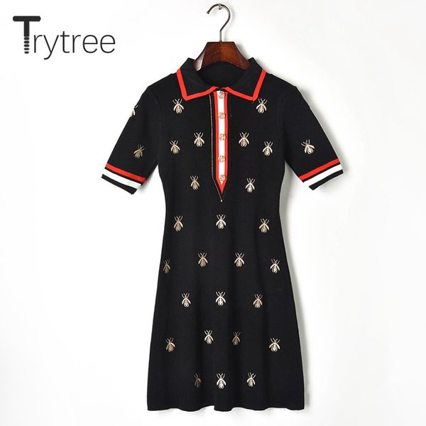 

trytree summer dress elegant casual women embroidery bee turn-down collar shirt dresses buttons knitting mini office lady dress, Black;gray