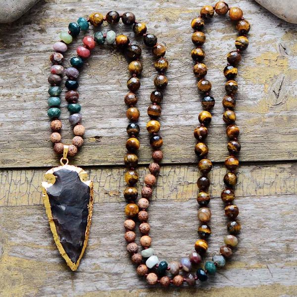 

high end tiger eye onyx stone gilded arrowhead pendant necklace women natural stone bead chain necklace jewelry dropshipping 200928, Silver