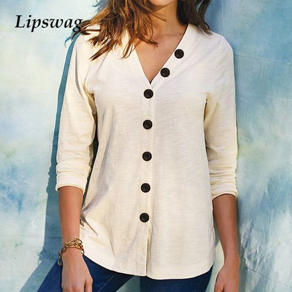 

2020 casual v neck button women blouse shirt autumn vintage solid color long sleeve elegant office ladies streetwear blusa, White