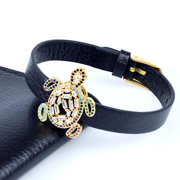 

luxury rainbow zircon sea turtle or tortoise bracelet charm leather bangles for male women jewelry gift, Golden;silver