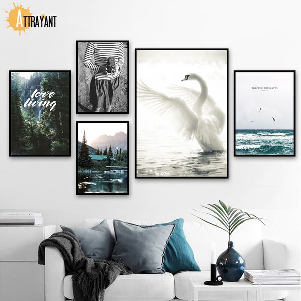 

девушка лес дерево морская волна лебединая wall art холст картина скандинавские плакаты и печать стена картины для гостиной спальня декор