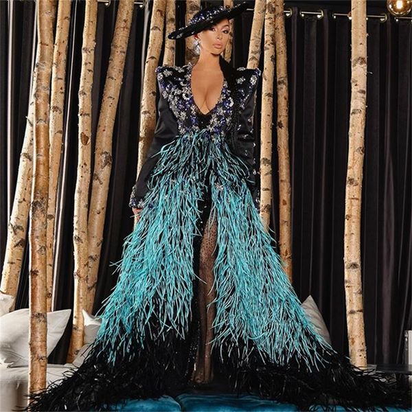

luxury designer evening dress beads sequins crystal feather formal prom dress high v-neck side-split custom made runway fashion dress, Black;red