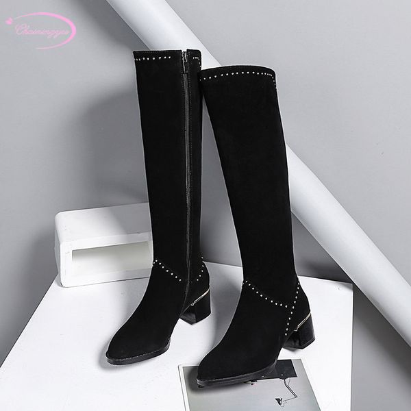 

европейская улица нубука натуральная кожа корова замша колено высокие сапоги заклепки zipper мед с верхом сапоги толщиной шпильках женской о, Black