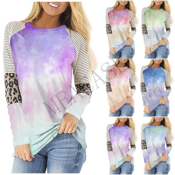 

women clothes pullover hoodies tie-dye color t-shirt striped patchwork leopard printing t shirt autumn long sleeve sweatershirt d81101, White