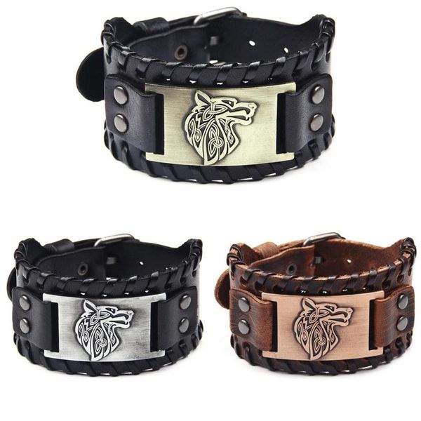 

2020 vintage men weave bangle wide leather adjustable wolf head bracelet jewelry, Black