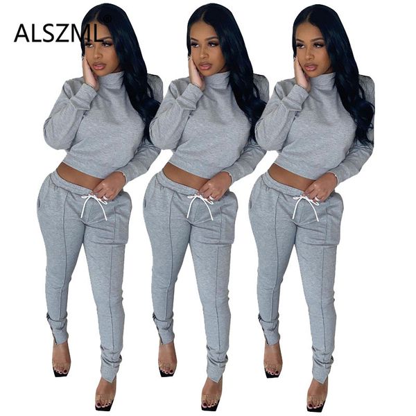 

women's tracksuits gray o neck long sleeve crop and tight pants 2 pieces set high street casual lady fashion