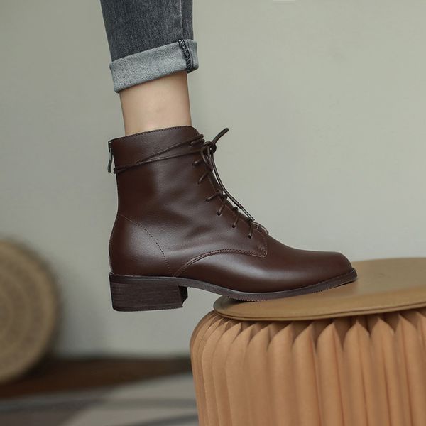 

women genuine leather ankle boots motorcycle laces boots winter zipper leather flat heel short laces shoes boots 2020, Black
