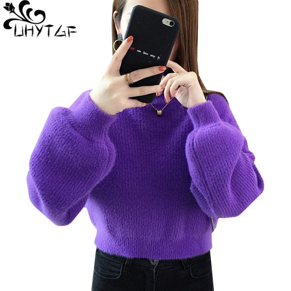 

uhytgf women long sleeve sweaters knit pullover turtleneck mink cashmere winter sweater female high waist casual short 952, White;black