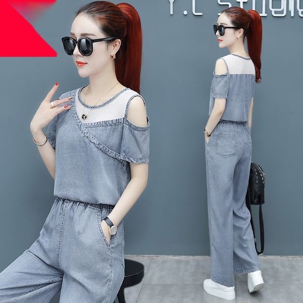 

western style denim wide-leg women's summer thin suit suitwide leg pants suitnew ageshoulder 2020 loose high waist straight pants two-p, Gray