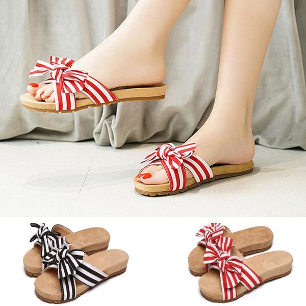 

new summer flat slippers fashion bottom flip flops female slippers slip resistant beach shoes bow tie sand shoes, Black
