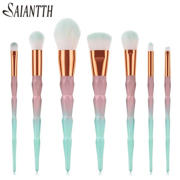 

saiantth 7pcs diamond gradient pink green makeup brushes set foundation blush powder eyeshadow eyeliner lip beauty pincel kit