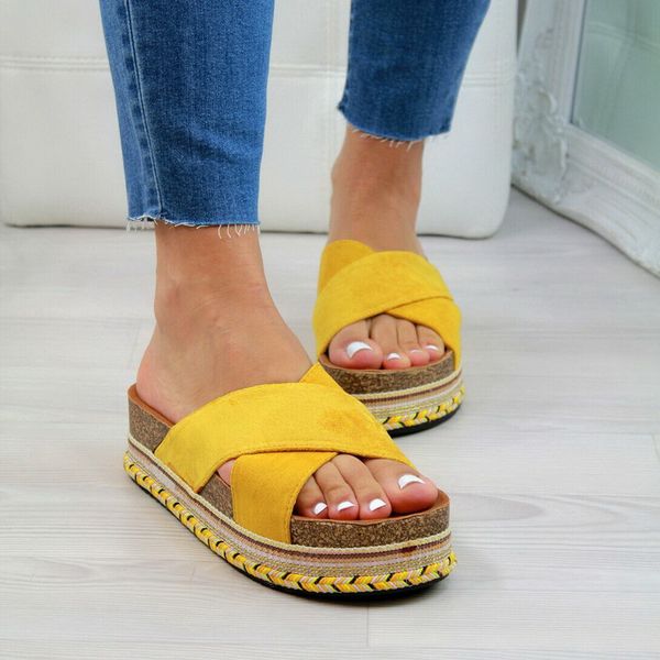 

litthing women slippers platform heels open toe slippers female summer dress shoes cross strap sandals flats shoes plus 35-43, Black