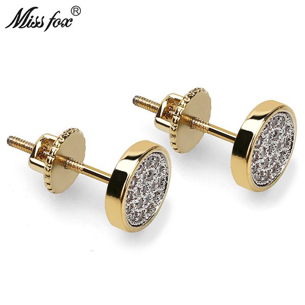 

missfox hip-hop 24k gold plated cz earrings stones safety pin full round cubic zirconia jewellery piercing men accessories gifts 210202, Golden;silver