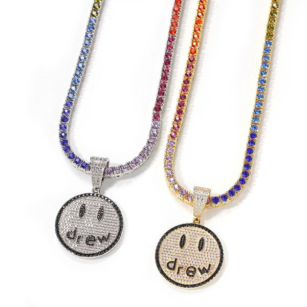 

hip hop prong setting cz stone bling out drew smiling face pendants necklace tennis link chain for men rapper jewelry, Silver