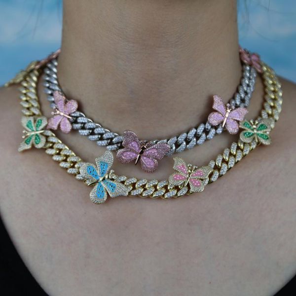 

16'' 18'' pink pastel enamel butterfly charm 12mm iced out bling cz cuban chain choker necklace fashion women colorful j, Silver