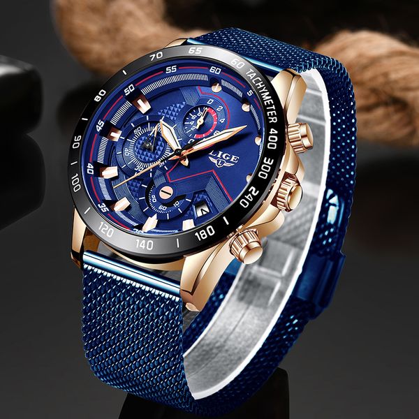 

relojes lige mens watches brand luxury fashion blue business quartz watch men stainless steel waterproof military watch male ly191213, Slivery;brown