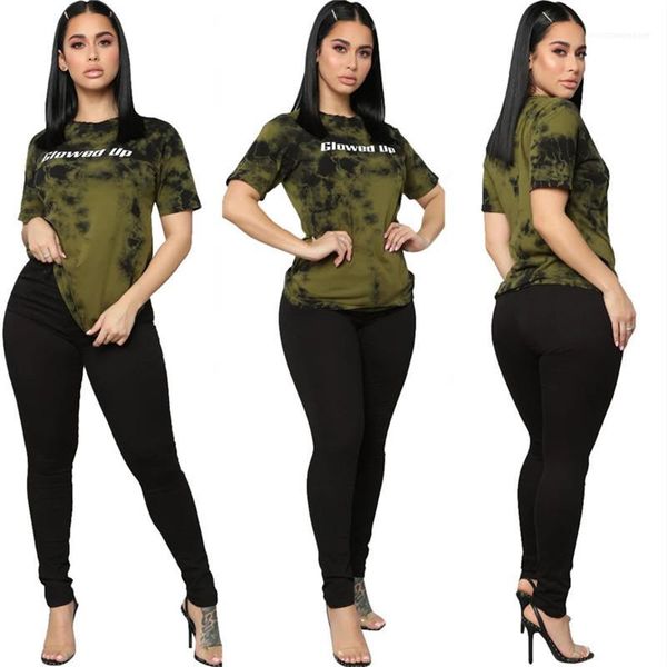 

casual short sleeve glowed up letter two piece pants women summer clothing women tie dyed 2 oiece sets, White