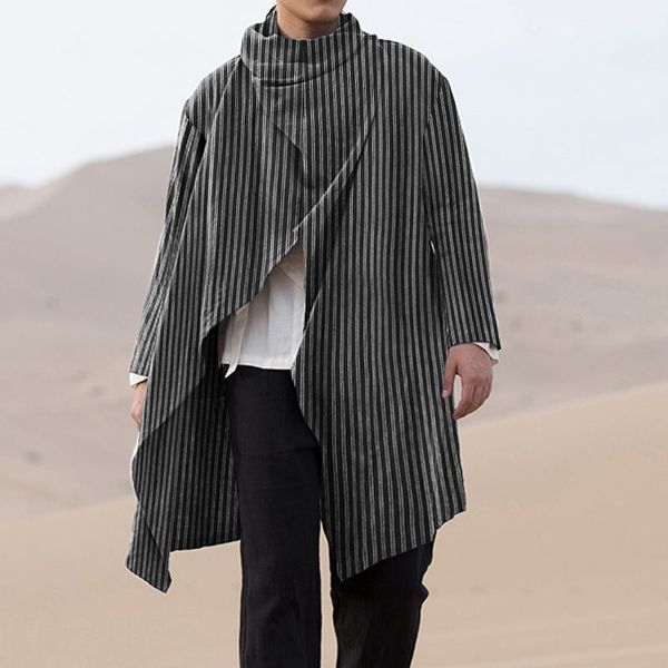 

incerun men trench striped turtleneck long sleeve one button cotton coats streetwear retro ponchos casual irregular cloak cape, Tan;black