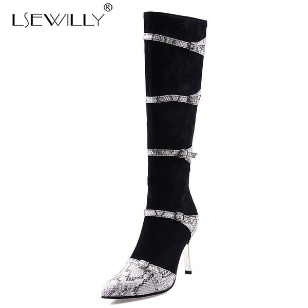 

boots lsewilly snake skin print pointed toe thin heels thigh high women pu leather knee winter shoes, Black