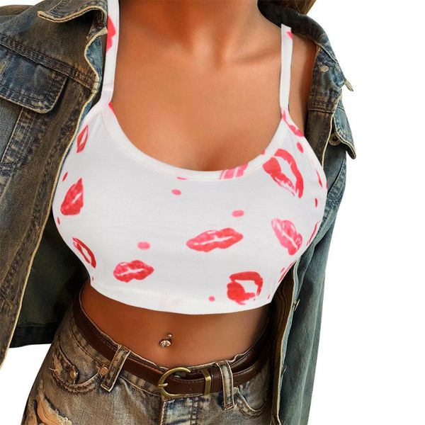 

women spaghetti strap crop funny red lips floral printed slim camisole ladies summer sleeveless sling vest sports bralette, White