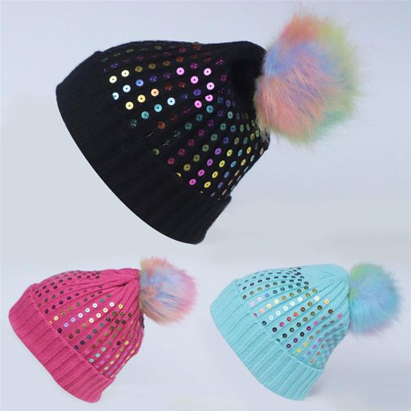 

new women's fashion colorful hair ball colorful beads autumn and winter knit hat popular sequins casual flexible #4f21, Blue;gray
