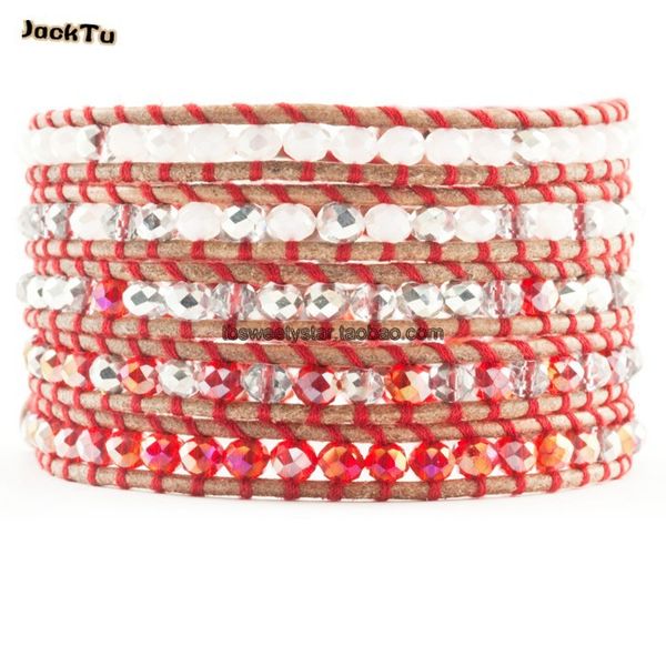

summer red white mixed crystal beige leather wrap bracelet, Golden;silver