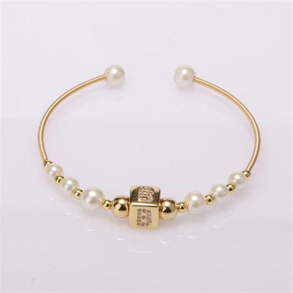 

gold white cz paved cube initial abc 26 alphabet letter name charm pearl beaded adjustable open bangle cuff bracelets for women, Golden;silver