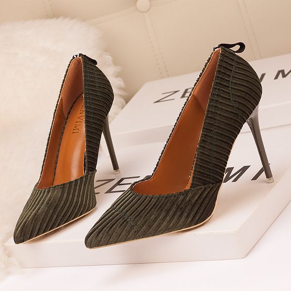 

new 10cm women's shoes simple striped solid color cord suede shallow mouth pointed nightclub was thin single shoes, Black