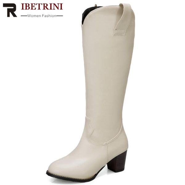 

ribetrini women concise solid color western shoes women slip-on knee high boots 2020 high heels autumn boots, Black