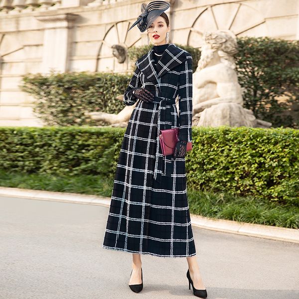 

women's wool & blends 2021 autumn winter plain trench coat for women england style double breasted down outwear runway fashion dz1173, Black