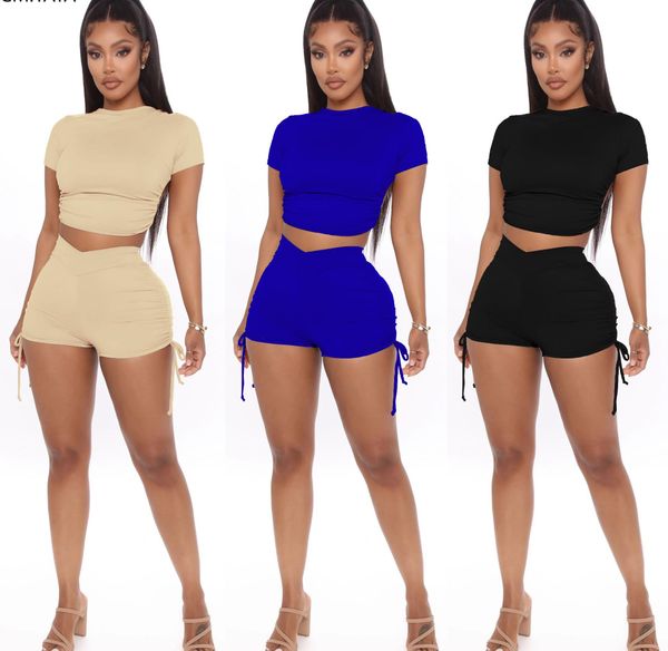 

summer women two pieces sets tracksuits short sleeve draped shorts suit fitness sporty street club 2 pcs outfit gl8271, Gray