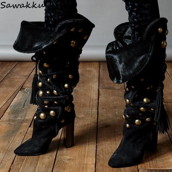 

designer women long boots pointed toe high heels knee high booties metal decor lace up tassel shoes chaussure femme, Black