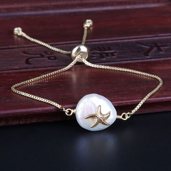 

cute gold sea star starfish charm natural freshwater pearl bead connector thin link dainty bracelet for women birthday gift, Golden;silver