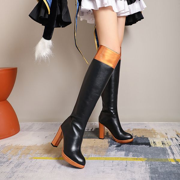 

ymechic 2020 new arrival autumn winter cosplay womens high heels gold orange long knight knee high boots female shoes woman 43, Black