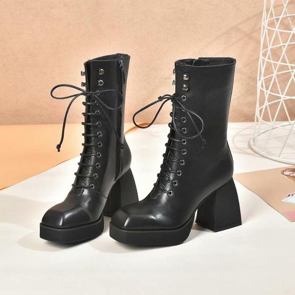 

square-toed high-heeled boots 2020 new women leather chunky platform boots women lacing, Black