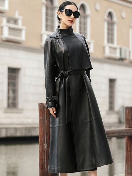 

Black long faux leather trench coat for women belt Raglan sleeve spring autumn coat women plus size loose overcoat