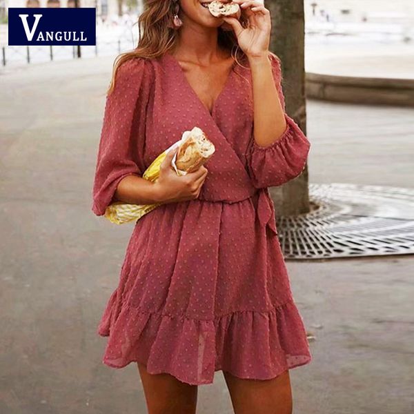 

casual dresses vangull women elegant cross v neck bow tied chiffon vestido hem ruffles mini dress autumn ladies elastic waist kimono, Black;gray
