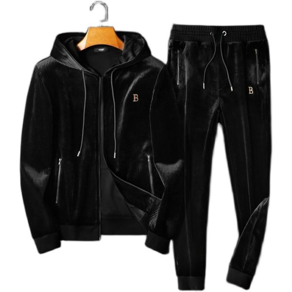 

autumn high-end gold velvet men's casual sports suit men's trendy brand jacket pants autumn loose plus size men's clothing, Black