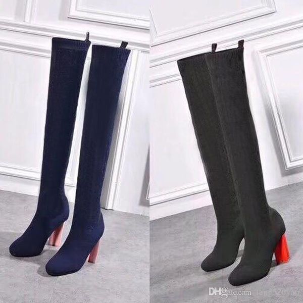 

socks boots chunky heels designer fashion knitted elastic high long boots luxury knee high heel boots large size socks woman shoes 35-41-42, Black