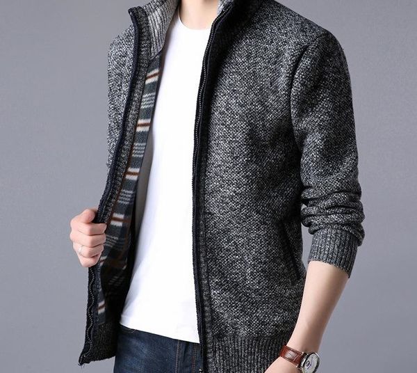 

men warm cardigan sweatercoat autumn winter casual loose stand neck wool sweaters coat man zipper thick knittwear for men ing, White;black