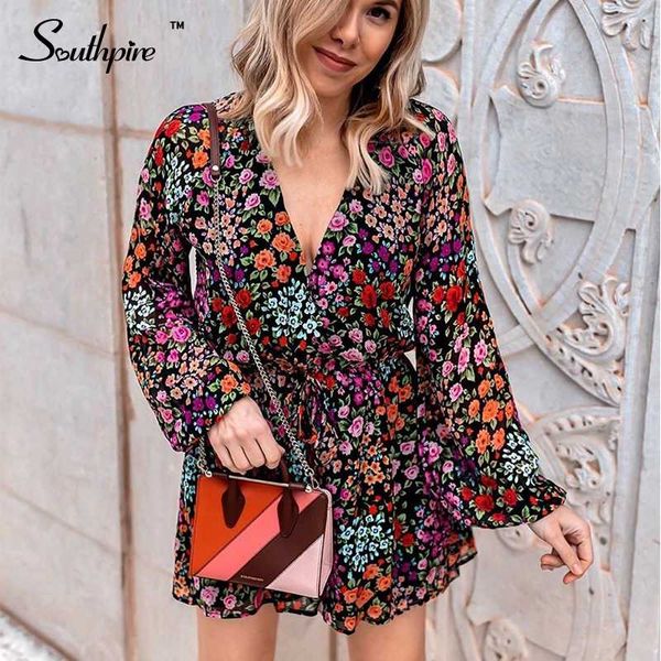 

southpire women's bohemian beach playsuit floral print deep v neck short jumpsuit overalls ladies long sleeve rompers clothing, Black;white