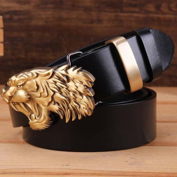 

2020 solid brass buckle belt men tiger strap 3.8 cm wide girdle full grain 100% genuine leather cowhide 130 camel, Black;brown