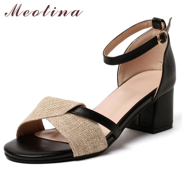 

meotina women shoes ankle strap high heel sandals buckle square heels open toe ladies sandals summer beige black large size 43